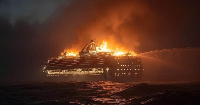 O navă de croazieră cu 220 de pasageri la bord a luat foc